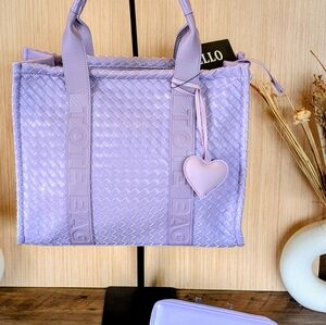 Large Square Woven Tote Bag W/Matching Wallet And Heart Charm 💜 Lavender